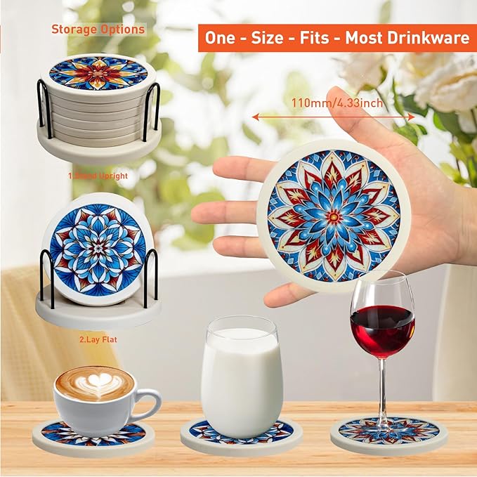 Indigo Floral Non-Slip Silicone Coasters, 4-Pack Double-Sided Absorbent Cup Mats for Hot & Cold Drinks, Scratch & Water Ring Protection for Wood Tables, Home Office Bar Use (6PC Wanda La)