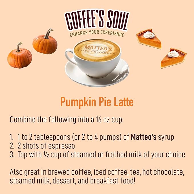 Matteo's Pumpkin Pie Syrup for Coffee, Lattes, Cappuccinos & Desserts – Sugar-Free Sweetener for Beverages, Keto Friendly, Zero Calories, Indulgent Flavor, Non-Alcoholic, 33.8oz (1pk)