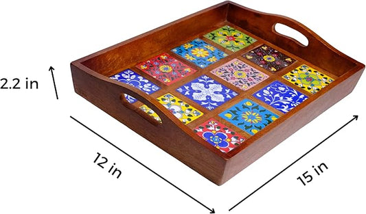 Craft Trade Mango Wood Serving Tray with Handle and 12 Fitted Floral Ceramic Tiles Wooden Platters Perfect for Breakfast Tea Coffee Snacks Dinner 38x30x8 cm Rectangle