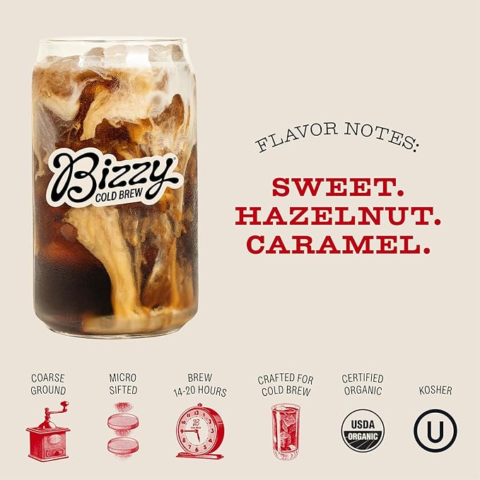 Bizzy Organic Cold Brew Coffee | Smooth & Sweet Blend | Coarse Ground Coffee | Medium Roast | Micro Sifted | Specialty Grade | 100% Arabica | 2 LB