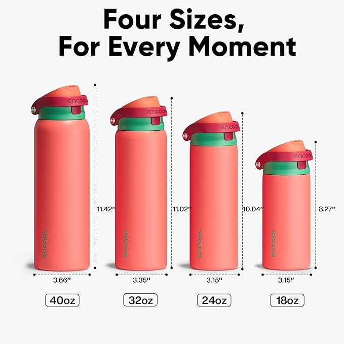 ENCOOL Leakproof Insulated Water Bottle with Straw Dual-Sip Water Bottle Bag-Safe Design for Work, Commute & Gym – Keeps Drinks Cold All Day, 32 oz, Coral Red