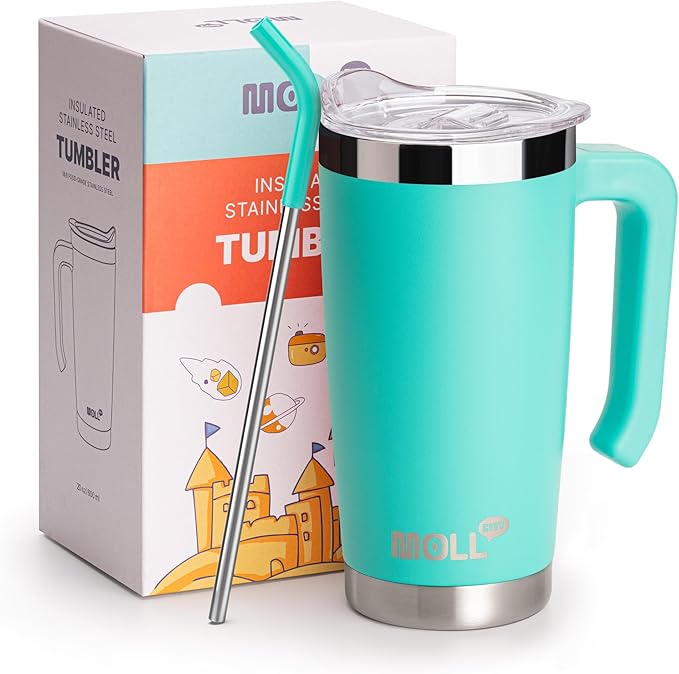 Kids Tumbler with Handle 20 oz Insulated Travel Cup with Lid and Straw -Reusable Stainless Steel Vacuum Mug for Kids Girls with Silicone Pad (Teal)