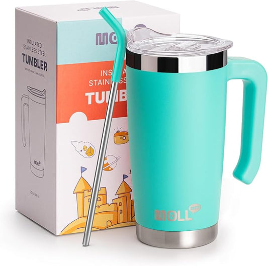 Kids Tumbler with Handle 20 oz Insulated Travel Cup with Lid and Straw -Reusable Stainless Steel Vacuum Mug for Kids Girls with Silicone Pad (Teal)