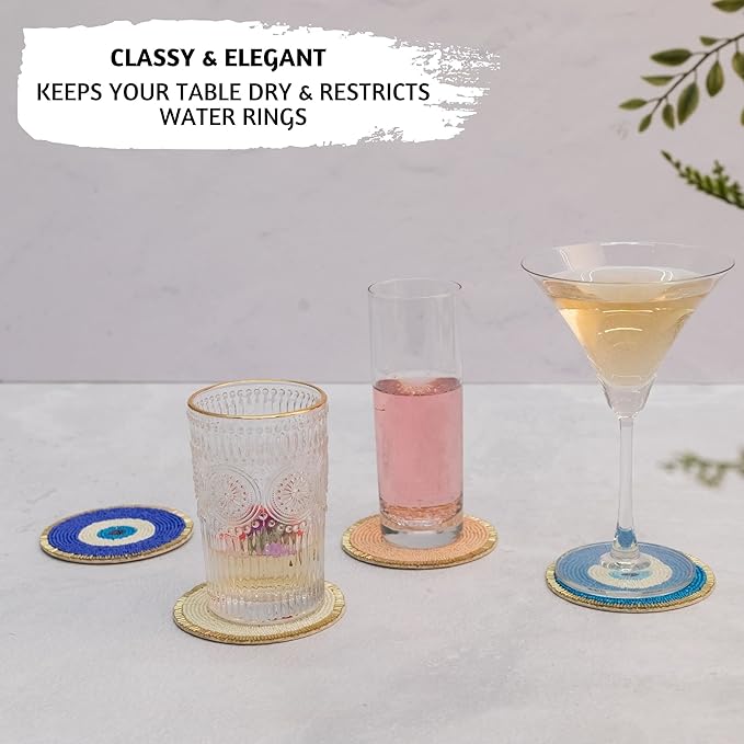 Folkulture Hand-Crafted Evil Eye Beaded Coasters Set of 4 | Handmade Round Drink Coasters for Coffee Table & Bar | Boho Modern Home Décor | Housewarming Gifts, Valentine Gifts