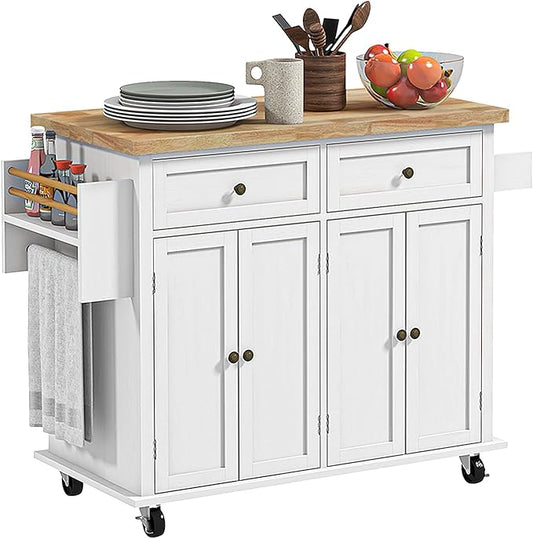 HOMCOM Kitchen Island Cart with Rubber Wood Top, Rolling Kitchen Island Table on Wheels with Drawers, Adjustable Shelves, Spice Rack and Towel Rack for Dining Room, Distressed White