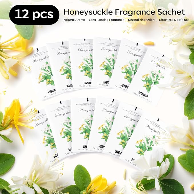 MYARO 12 Packs Honeysuckle Scented Sachets for Drawer and Closet, Long Lasting Air Freshener Fresh Scents Potpourri Bags Home Fragrance for Room Car Small Space