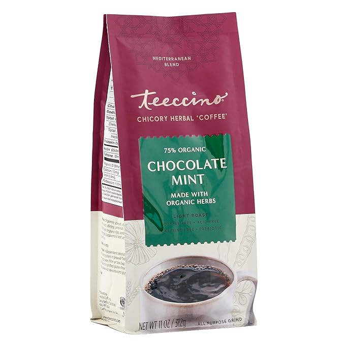 Teeccino Chocolate Mint Chicory Coffee Alternative -11 Ounce - Ground Herbal Coffee That’s Prebiotic, Caffeine Free & Acid Free, Light Roast