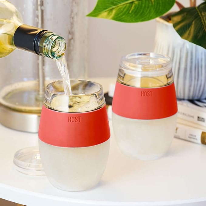 Host Cooling Wine Freeze Cup with Lid, Set of 2 Plastic Double Wall Insulated Wine Tumbler Drink Cups with Freezing Gel for Red and White Wine, Coral