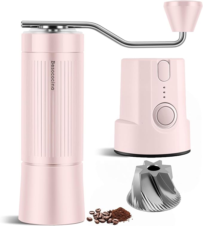 Burr Coffee Grinder 2-in-1 Manual/Electric, 40mm Stainless Steel Conical Burr Coffee Bean Grinder, USB Rechargeable Home Use, 16 Grind Levels for Espresso/Drip/French Press/Mocha (Pink)