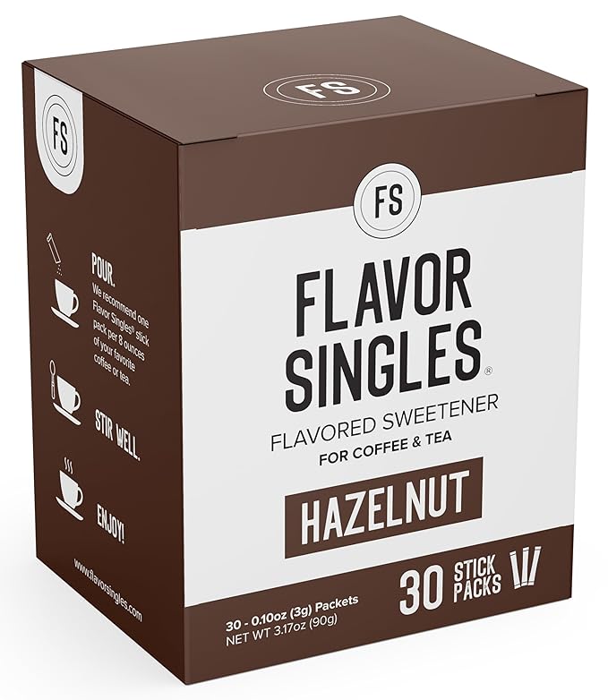 Flavor Singles Hazelnut Powdered Sweetener Packets for Coffee & Tea, Travel Ready Single-Serve Syrup Alternative, 30 Count (Pack of 3)
