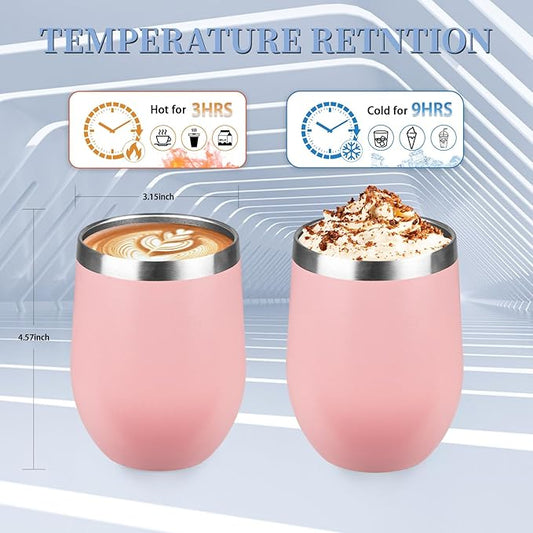 12oz Wine Tumbler with lid, Stainless Steel Travel Mugs Stemless Double Wall Insulated Coffee Cup, Insulated Wine Glasses Travel Tumbler for Cold & Hot Drinks(Light Pink, 1)