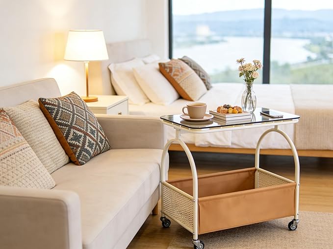 D&H FURNIMMT 2-Tier Rolling Side Table with Glass Top Storage Basket Mobile End Table/Coffee Table with Wheels for Living Room, Bedroom, Kitchen, Balcony Brown & White(22" x 14" x 21")