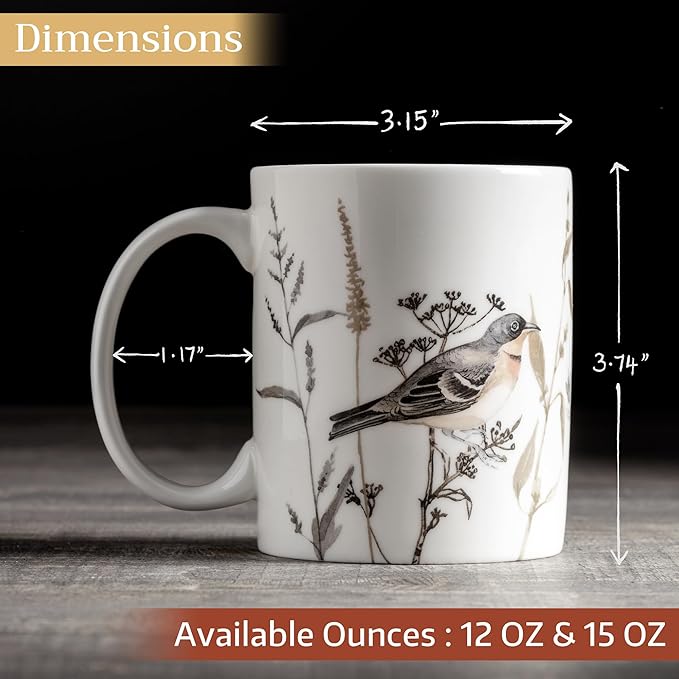 Maison d' Hermine Coffee Mug with Handles Fine Bone China Mugs Pack of One Tea Cups for Hot Beverages Cappuccino Latte Home Office Perfect for Gift (Meadow Florals - Brown Perfect Pasture, 12 Ounce)