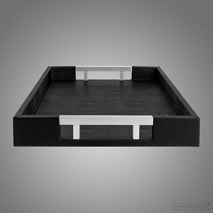 Modern Elegant 17.5"x12" Black Rectangle Shagreen Faux Leather Decorative Tray Ottoman Coffee Table Perfume Living Room Kitchen Serving Tray with Silver Metal Handles for All Occasion's
