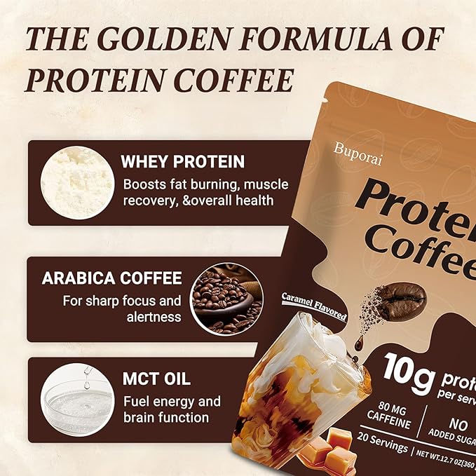 Protein Coffee Powder - Caramel Protein Iced Coffee, 0g Sugar, Keto Friendly, 80 mg Caffeine Per Serving - 20 Servings