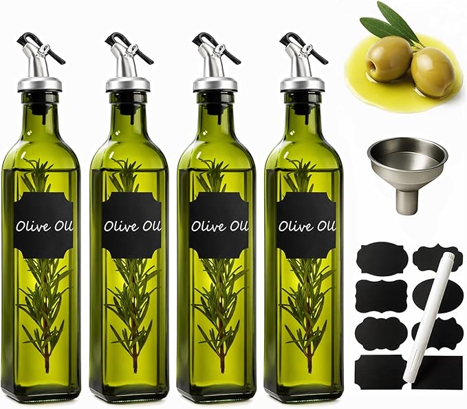 WERTIOO Green Olive Oil Dispenser Bottle,4Pack 17 OZ Glass Oil Dispenser for Kitchen