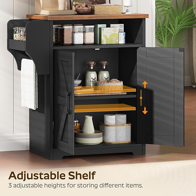 Coffee Bar Cabinet, Kitchen Island with Storage, Farmhouse Sideboard Buffet Cabinet with Dual-Purpose Floating Shelf and Hooks, for Restaurant, Living Room, Rustic Brown KF22BR