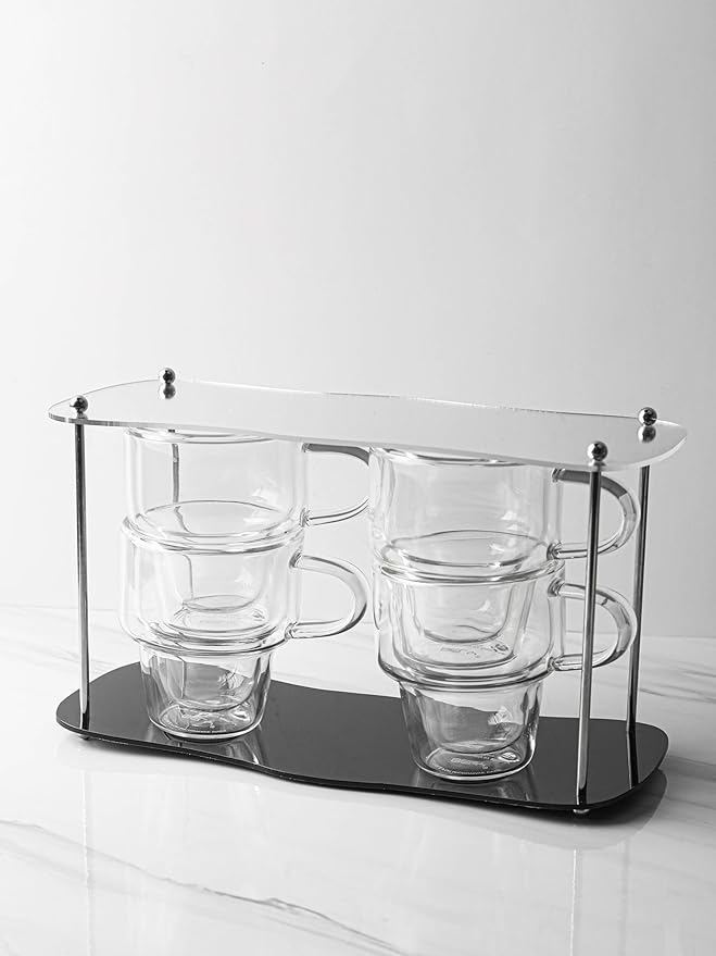 NIRA.Z 4 Pack Double Wall Glass Coffee Mugs 10 OZ Insulated Espresso Cups with Handle, Stackable Thermal Glass Coffee Cups, Ideal for Hot & Cold Drinks, Juice, Americano, Latte, Tea Bags, Cappuccinos