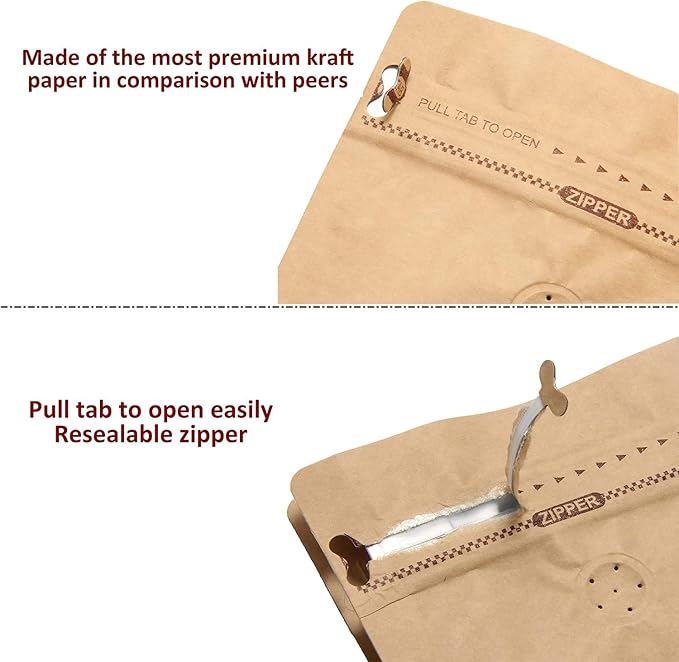 Resealable Kraft Paper Coffee Bags with Degassing Valve, Flat Bottom Side Gusset Stand Up Pouches with Zipper Lock (Pack of 100, Size for 35 oz/1 kg Beans or Ground)