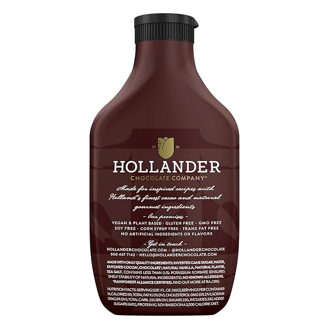 Hollander Dutched Chocolate Cafe Sauce | Vegan Friendly, GMO-Free, Gluten/Soy Free, Corn Syrup Free | 15 fl. oz. Squeeze Bottle