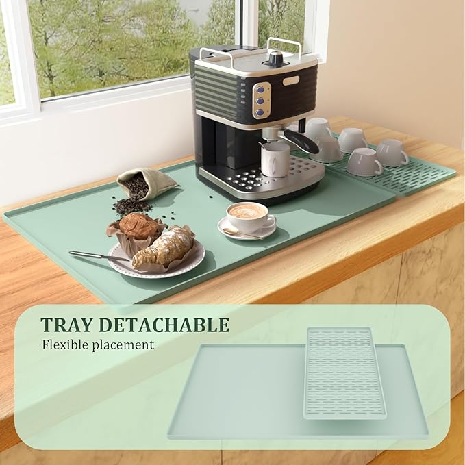 Silicone Coffee Mat Set - Includes Removable Drying Pad, Raised Edges for Non-Leak and Non-Slip, Suitable for Kitchen Coffee Machines and Countertop Protection, Bar Decor Pad (Green, 24" x 16")