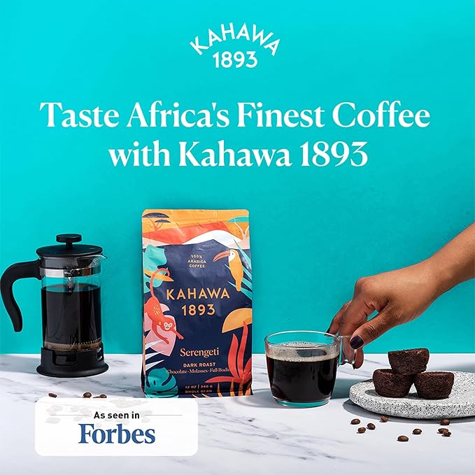 Kahawa 1893 Whole Bean Coffee Dark Roast Serengeti Blend 12 Oz - As Seen on Shark Tank, Low Acid, High Antioxidants, Naturally Sweet, Organically Grown, Ethically & Sustainably Sourced