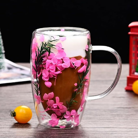 15.22oz, Double Wall Borosilicate Glass Coffee Mug with Heat-Resistant Handle, Insulated Flower Tea Cup, Multi-Color Options (pink,15.22oz)