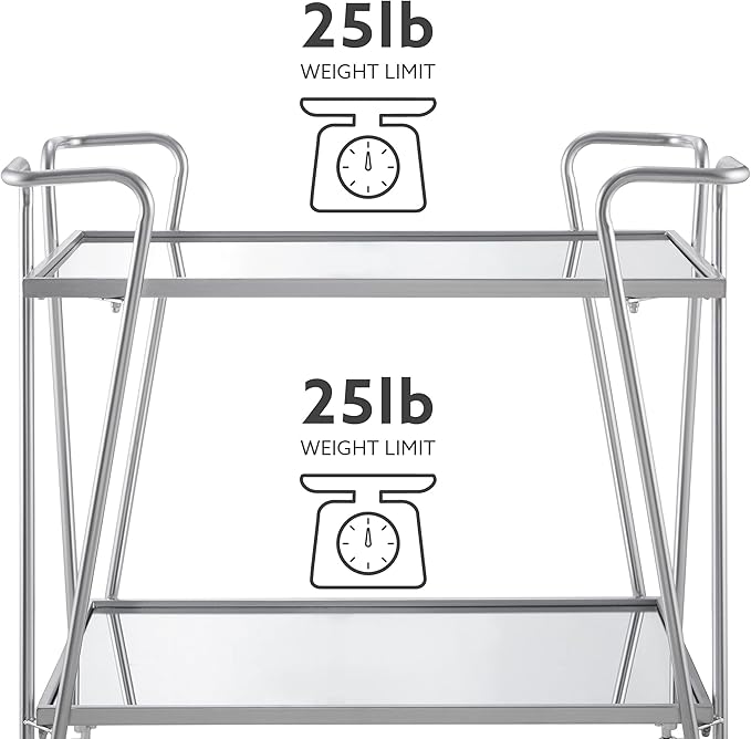Linon Gina Silver Mid Century Bar Cart with Mirrored Shelves on Locking Castors