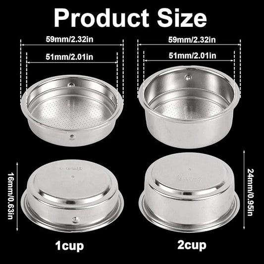 2pcs 51mm Portafilter Basket, Stainless Steel Pressurized Espresso Coffee Filter Basket for 51mm Espresso Machines (1 Cup + 2 Cup Capacity)
