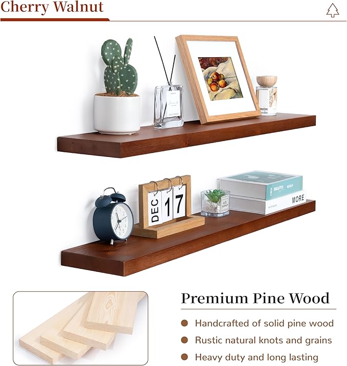 Marsmiles Wood Floating Shelves | 36 Inch Mahogan Wall Shelves Set of 2 | 36" W x 6.7" D Rustic Wooden Shelves for Bathroom Kitchen Living Room Bedroom