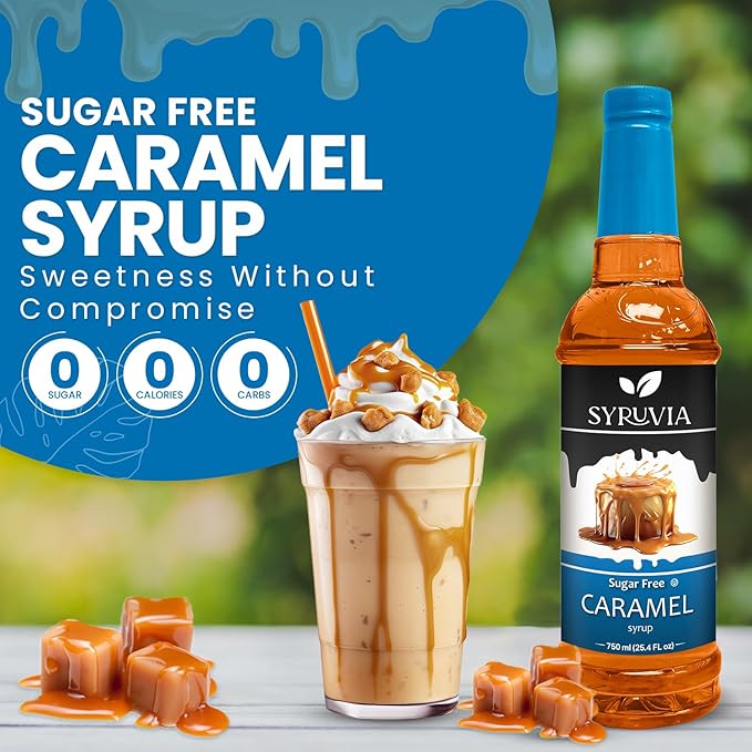 Syruvia Sugar-Free Caramel Coffee Syrup – 25.4 fl oz - Syrup for Coffee, Latte, Shakes, Smoothies, Desserts – 100% Vegan, Gluten Free, Kosher – No-Calorie Coffee Syrup, (Pack of 2)