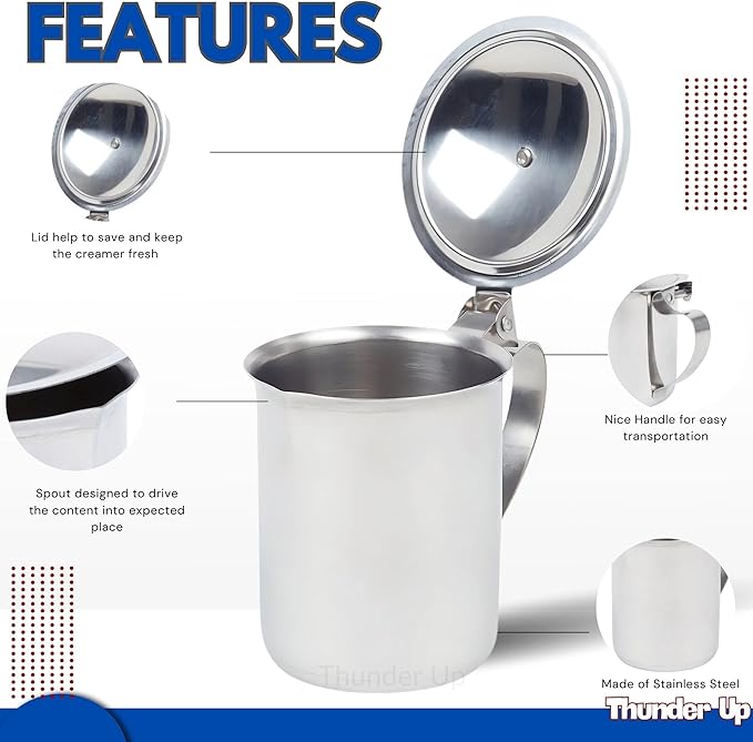 Thunder Up Creamer with Lid 10 Oz, Coffee Creamer Container, Small Stainless Steel Milk Pitcher, Coffee Cream Dispenser, Creamer Pitcher with Lid
