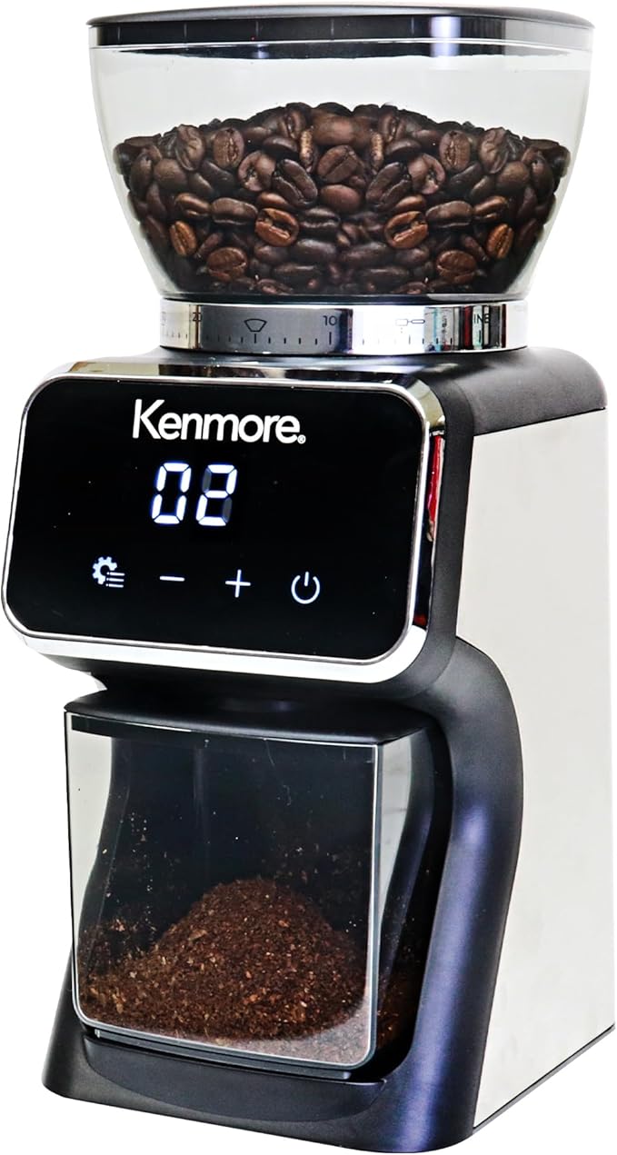 Kenmore Conical Burr Coffee Grinder - Electric Maquina de Moler Café for Espresso, French Press, Drip, Adjustable Grind Size, Bean Mill, Digital Control, Spice Grinding, Home Use