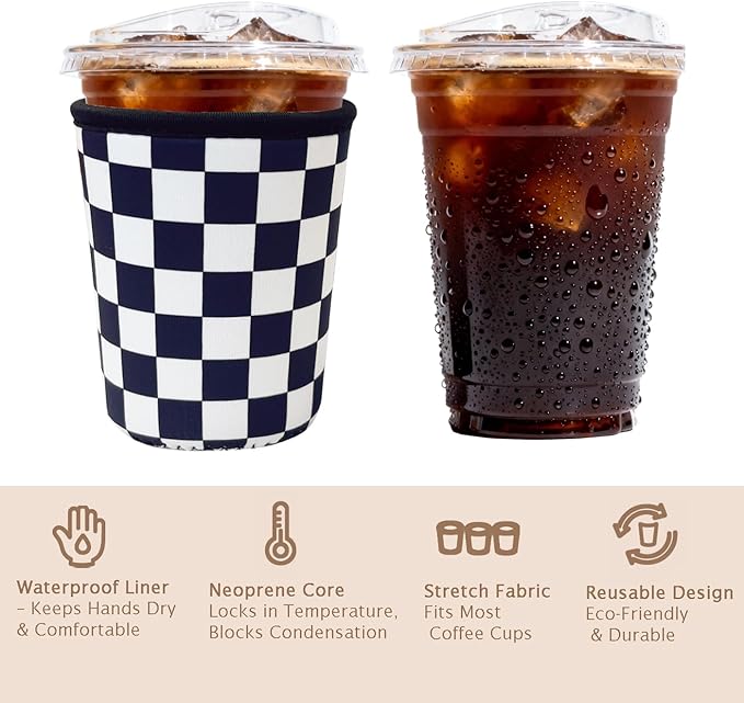 Reusable Insulated Sleeve for Iced Coffee Cup, Coffee Neoprene Sleeve for Cold & Hot Drinks, Beverage Holder for Iced Coffee (Checker Grid, Small: 16-18oz)