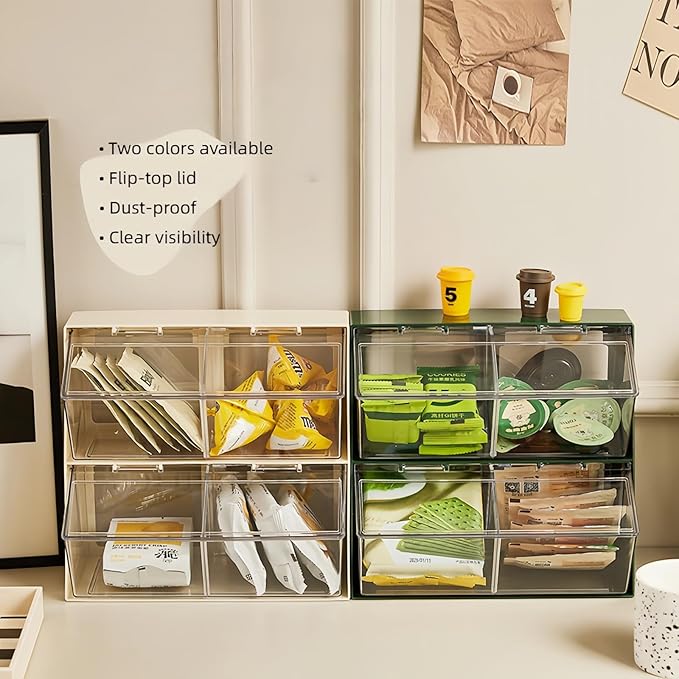 Bokelai K Cup Holder Plastic Organizer for coffee pod with Lid Large Capacity Countertop Versatile Desk Storage Station for Capsule Creamer Suger Tea Bag Face Mask Green/Clear