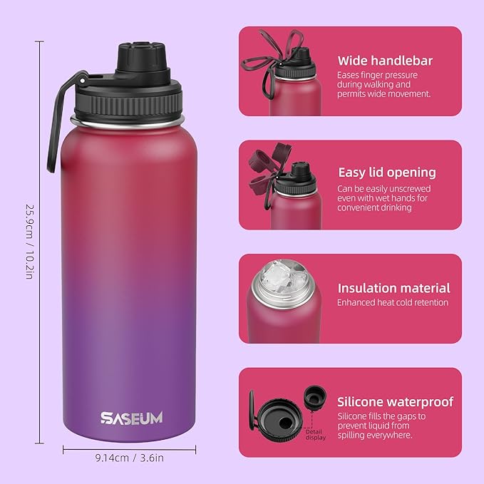 SASEUM Insulated Stainless Steel Water Bottles 32oz with Spout Lids Metal Vacuum Thermal Large Water Jug Leak-proof Reusable Flask for Sports Gym and Travel,Red-Purple
