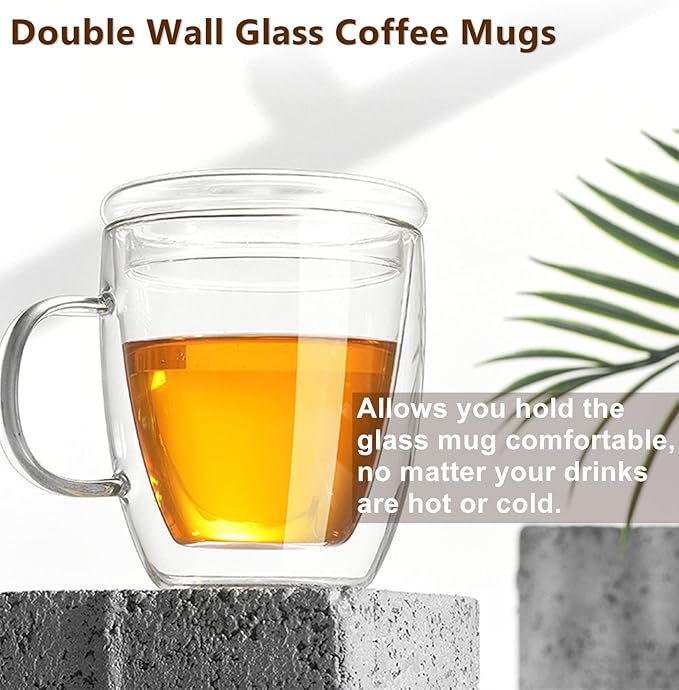 Insulated Espresso Cups - 16 oz Double Wall Glass Mugs With Handle and Lid - Cold & Heat Resistant - Perfect for Coffee, Tea, Milk, Wine