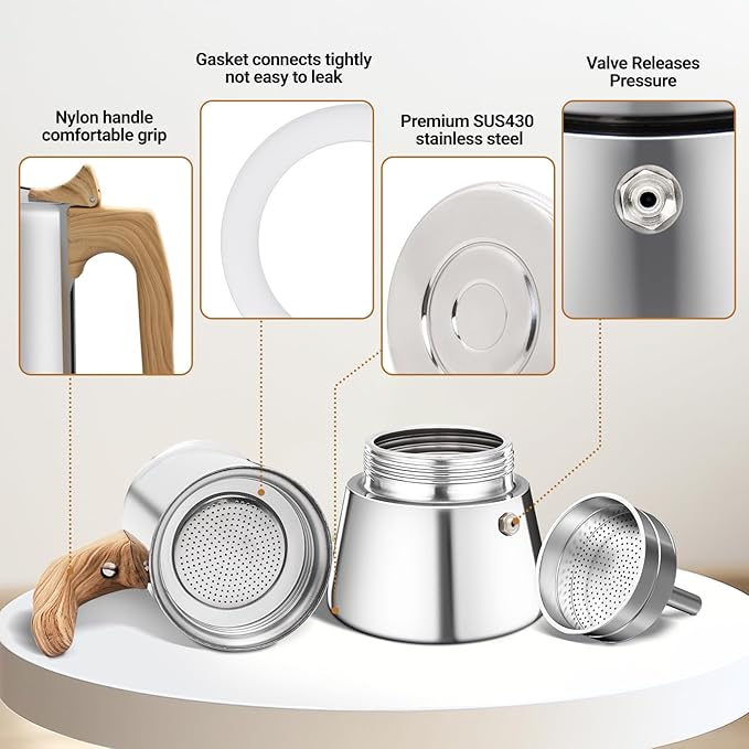 Vaolvpant No Coating 2 Cup Moka Pot Thickened 304 Stainless Steel Stovetop Espresso Coffee Maker 100ml 3.4oz Mocha Percolator Greca Cuban Ideal for Making Rich Authentic Italian Café