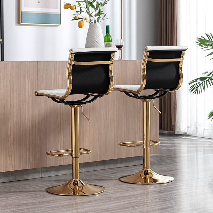 White Barstools Bar Height Set of 3 Adjustable Faux Leather Counter Height Bar Stool Chair with Back for Kitchen Island Breakfast Bar (White with Gold Base, 3 Pack)
