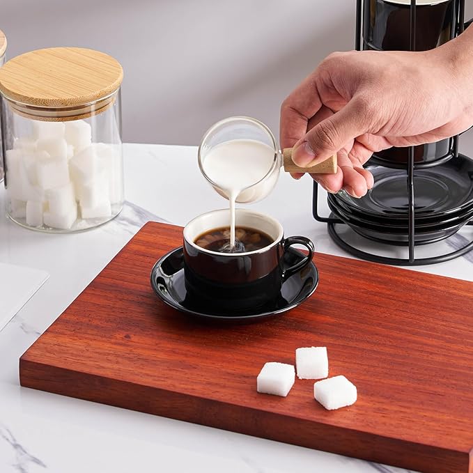 Meichu 2.5oz Porcelain Stackable Espresso Cups with Saucers and Metal Stand Set of 4, Stackable Espresso Cups Set of 4, Black Expresso Shots Cup Set for Cappuccino, Coffee Drinks, Latte, Tea