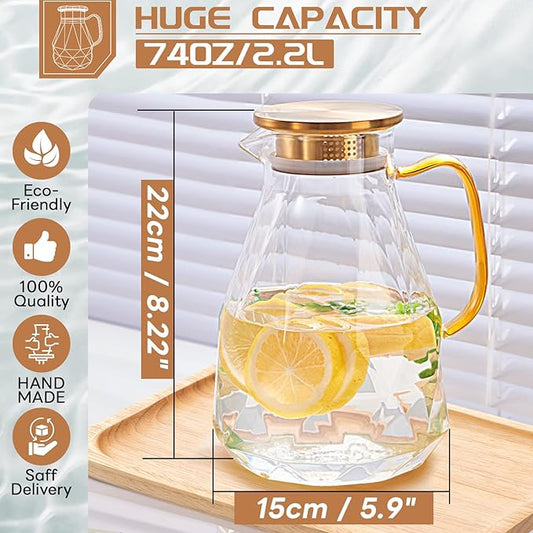 Yirilan Glass Pitcher, 2.2 Liter Water Pitcher With Lid,Iced Tea Pitcher for Fridge,Carafe With Lid, Glass Water Jug For Juice, Milk, Cold Or Hot Beverages, 2 Quart