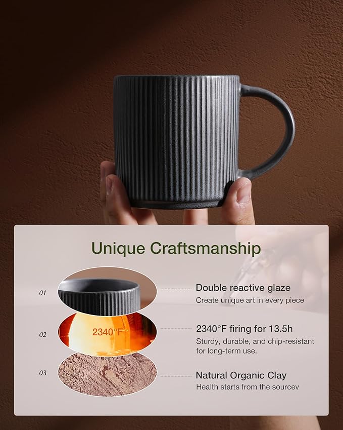 famiware Coffee Mug Set for 8, Star 12 oz Catering Mugs Cup Set with Handle for Coffee, Tea, Cocoa, Milk - Ceramic Stoneware Drinkware Set, Matte Dark Charcoal