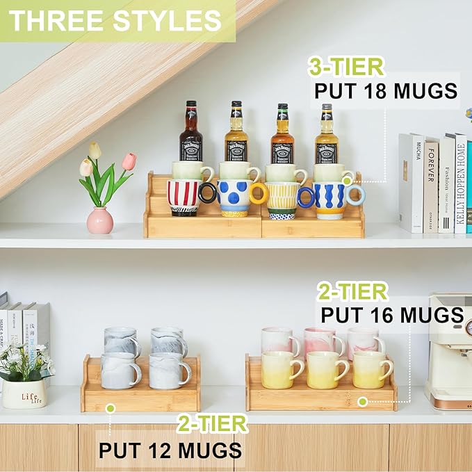 2-Tier Expandable Bamboo Mug Holder Coffee Mug Rack Organizer for Countertop, Multi-Functional Mug Display Shelf for Coffee Bar, Kitchen, and Home (15.75"~30.71")