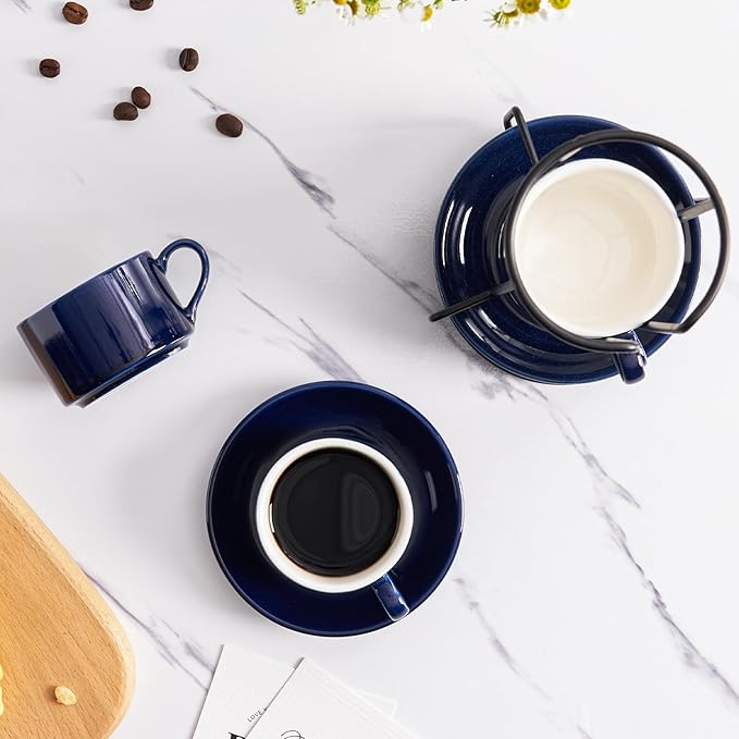 Meichu 2.5oz Porcelain Stackable Espresso Cups with Saucers and Metal Stand Set of 4, Stackable Espresso Cups Set of 4, Blue Expresso Shots Cup Set for Cappuccino, Coffee Drinks, Latte, Tea