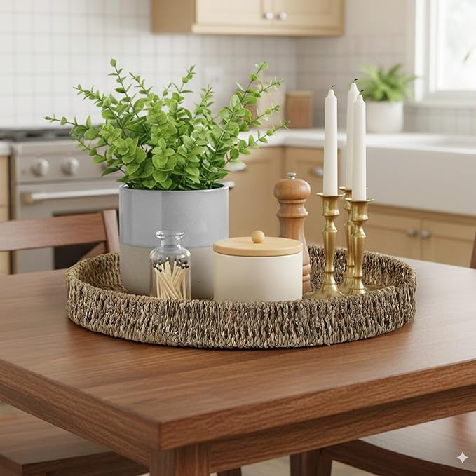 Round Ottoman Tray Large Wicker Serving Tray with Handles for Coffee Table, 18 Inch Handwoven Natural Seagrass Tray