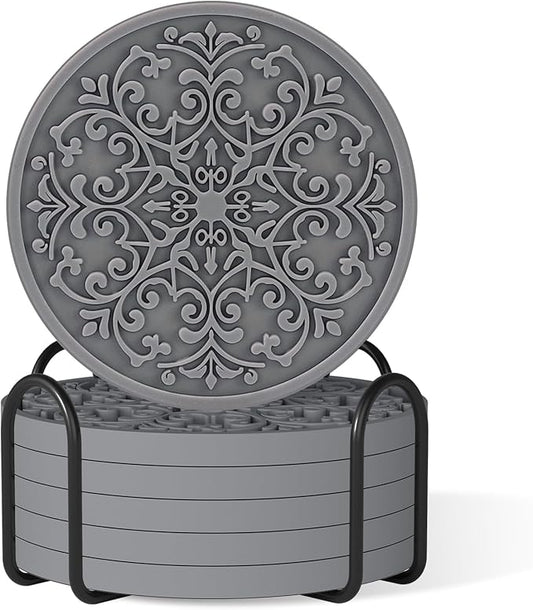 Drink Coasters, Coasters Set of 6 for Cup with Holder, Non-Slip Silicone Cup Mats for Hot and Cold Drinks, Cute Absorbent Coffee Bar Accessories Table Decor, Grey