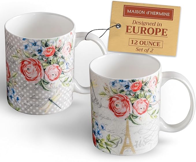 Maison d' Hermine Coffee Mug with Handles Fine Bone China Mugs Pack of Two Tea Cups for Hot Beverages Cappuccino Latte Home Restaurant Office Perfect for Gift (Champ De Mars, 12 Ounce)
