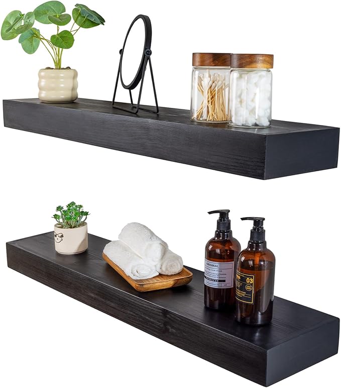 Floating Shelves 3 inch Thick for Wall Set of 2,Solid Pine Wood Wall Mount Shelf for Kitchen Living Room Bedroom Bathroom,8" D x 24" L x 3" H-Black