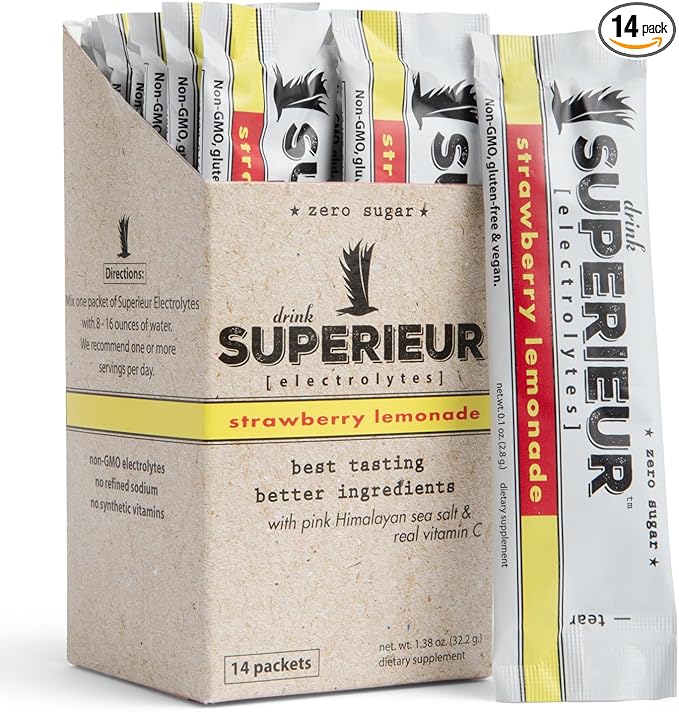 Superieur Electrolyte Powder Packets- Vegan Electrolyte Hydration Powder w/Sea Minerals- Keto Friendly, Non-GMO, Zero Sugar Electrolyte Supplement-Healthy Sports Drink-Strawberry Lemonade (14 Packets)