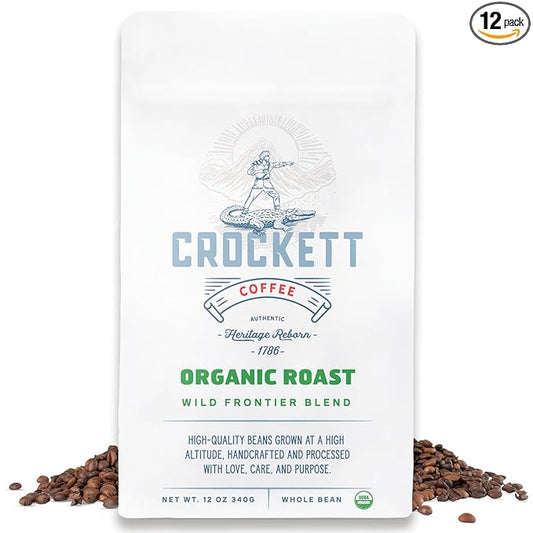 Crockett Whole Bean Coffee – USDA Organic Medium Roast Whole Coffee Beans with Smooth Flavor, Bold Aroma & Clean Finish – Healthy for Focused Energy, All-Day Drive & Guilt-Free Brewing